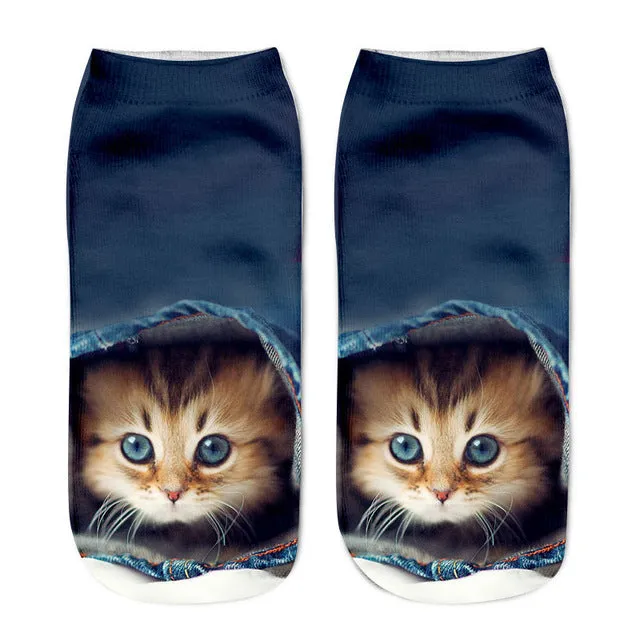2017 New 3D Printing Women Socks Brand Sock Fashion Unisex Socks Cat Pattern Meias Feminina Funny Low Ankle HOT