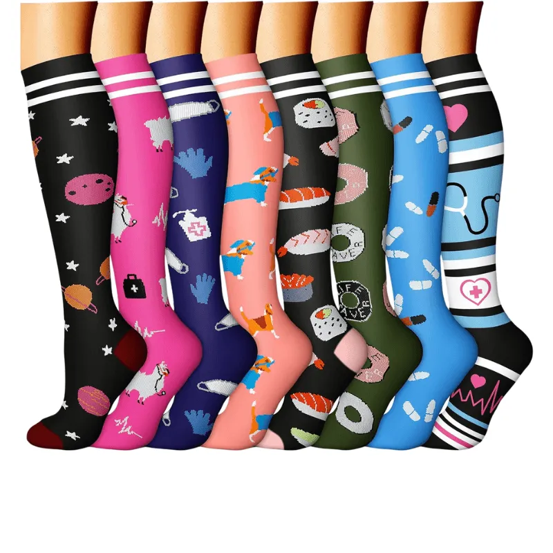 8-Pack Printed Pattern Compression Socks - Comfortable and Supportive