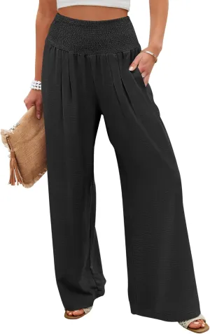 ANRABESS Women Palazzo Pants Summer Flowy Wide Leg High Waist Lounge Trousers with Pockets 2025 Casual Beach Vacation Outfits