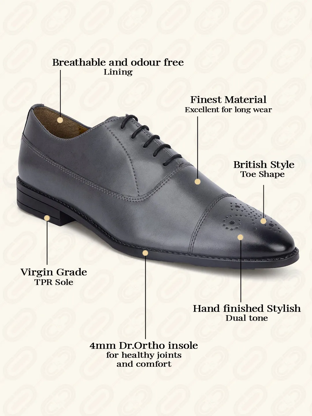 Ash Grey Handcrafted Captoe Style Comfortable Laceups Shoes