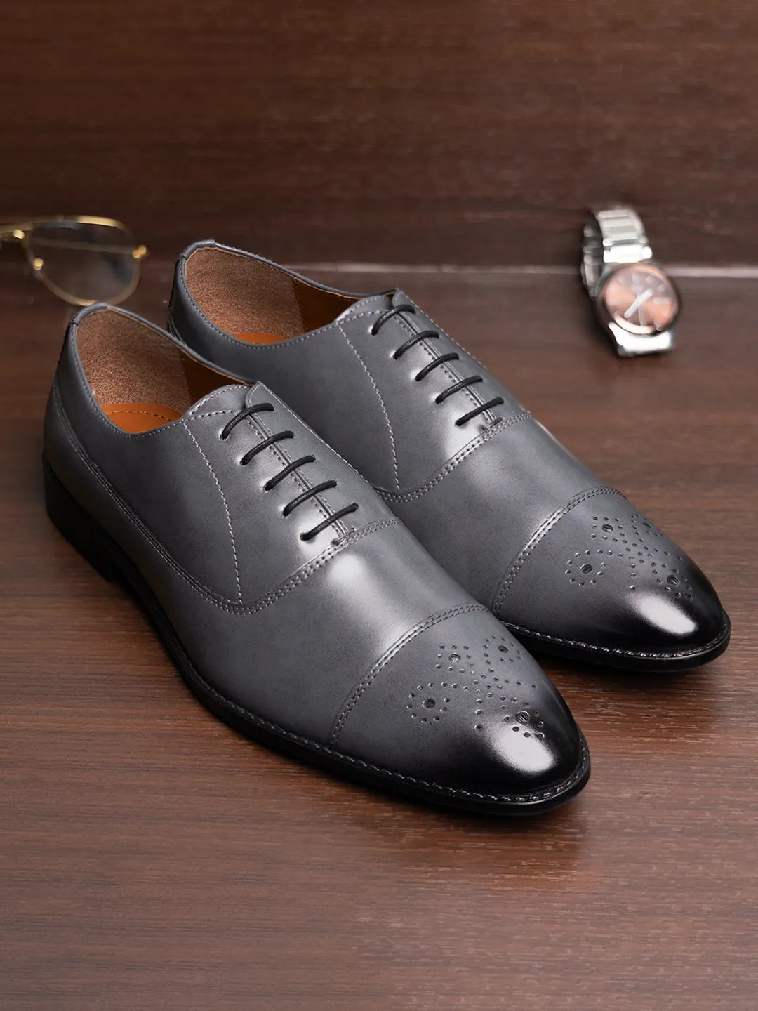 Ash Grey Handcrafted Captoe Style Comfortable Laceups Shoes