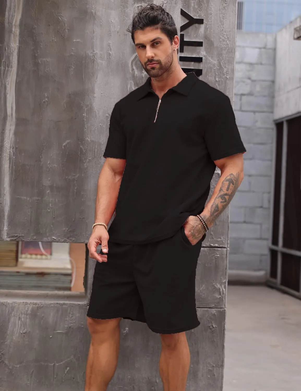 Babioboa Men's Short Sleeve Polo Shirt & Shorts set Summer Two Piece Outfits 3 Pockets zip Tracksuit Casual Athletic Sports