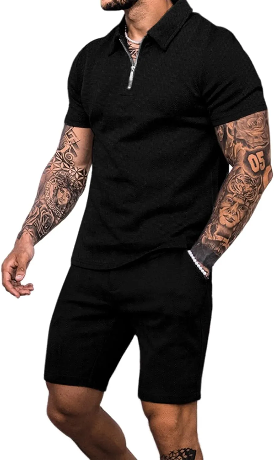 Babioboa Men's Short Sleeve Polo Shirt & Shorts set Summer Two Piece Outfits 3 Pockets zip Tracksuit Casual Athletic Sports