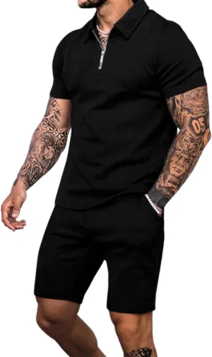 Babioboa Men's Short Sleeve Polo Shirt & Shorts set Summer Two Piece Outfits 3 Pockets zip Tracksuit Casual Athletic Sports