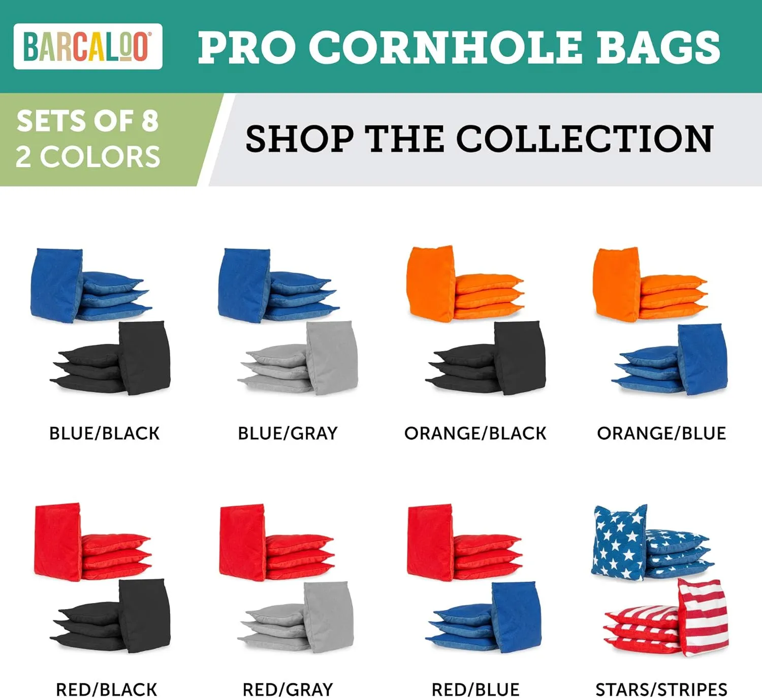 Barcaloo Professional Cornhole Bags Set of 8 Regulation All Weather Double Sided - Sticky/Slick Side Bean Bags for Pro Corn Hole Game