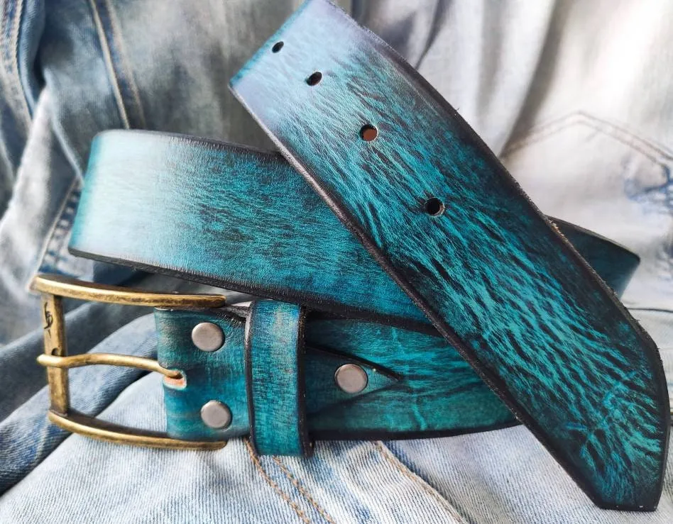 Blue Leather Mens Belt - Handcrafted Gift for Father - Wide 42cm - Stylish Durable and Customized - Shades of Blue - Handmade Accessory