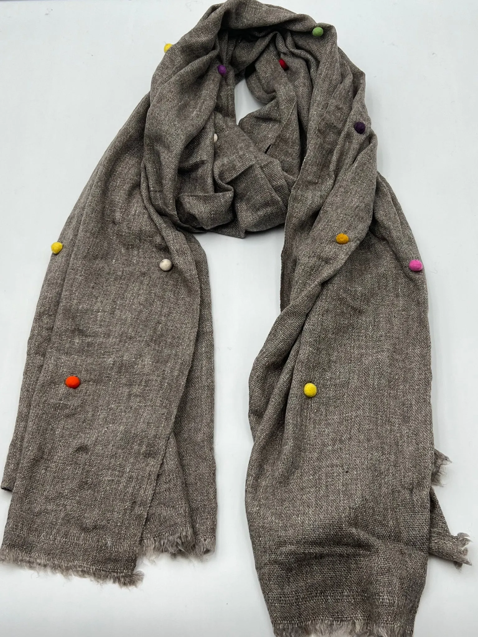 Cashmere Pom Pom Scarf - Brown