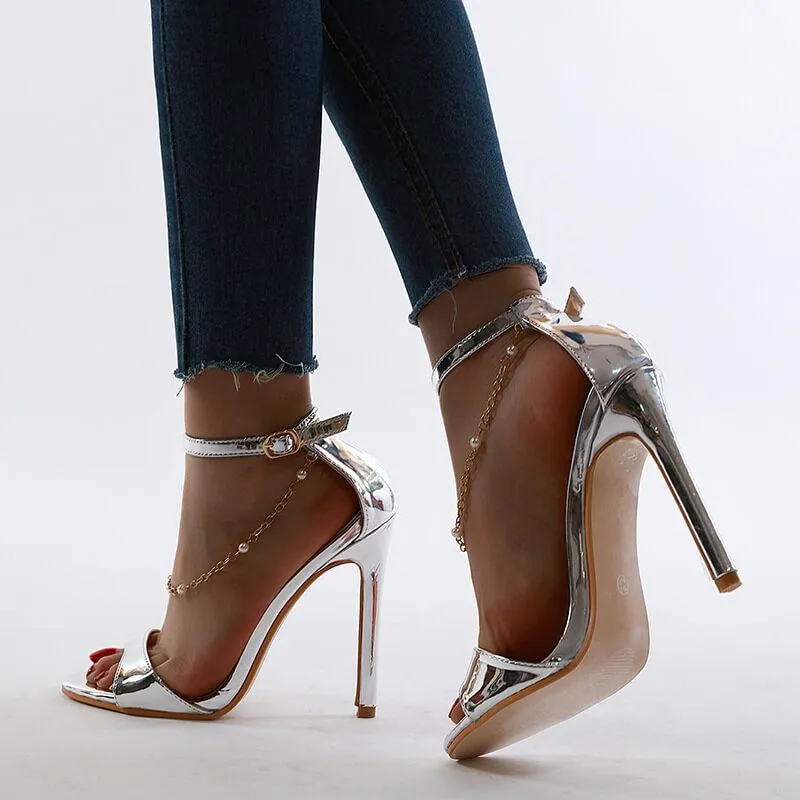 Chain Rhinestone High Heel  Buckle Sandals