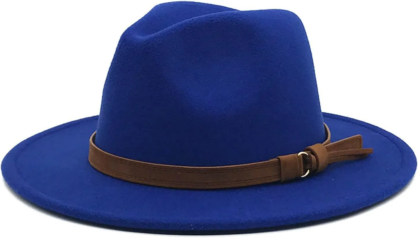 Classic Fedora Hat Wide Brim Two Tone Jazz Dress Cowboy Panama Hat with Belt Buckle for Women Men
