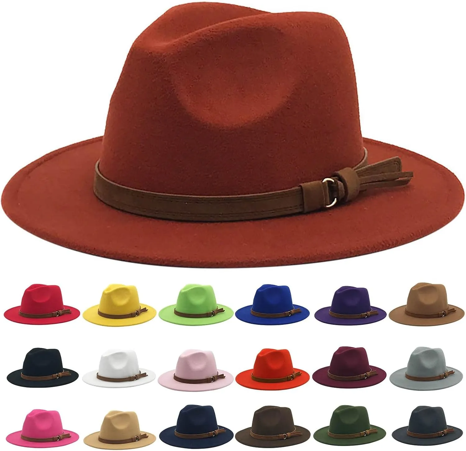 Classic Fedora Hat Wide Brim Two Tone Jazz Dress Cowboy Panama Hat with Belt Buckle for Women Men