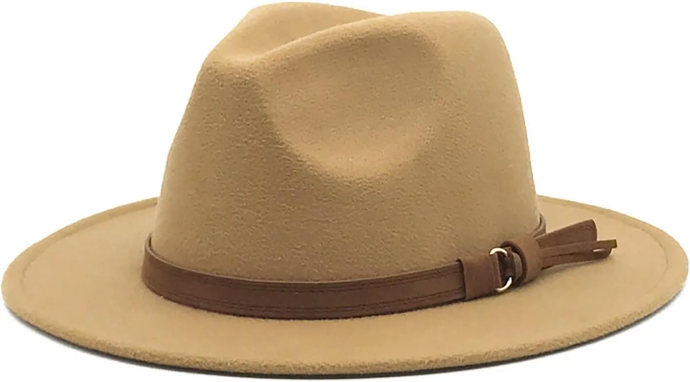 Classic Fedora Hat Wide Brim Two Tone Jazz Dress Cowboy Panama Hat with Belt Buckle for Women Men