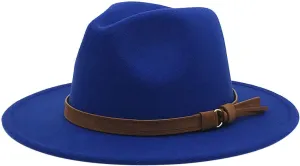 Classic Fedora Hat Wide Brim Two Tone Jazz Dress Cowboy Panama Hat with Belt Buckle for Women Men