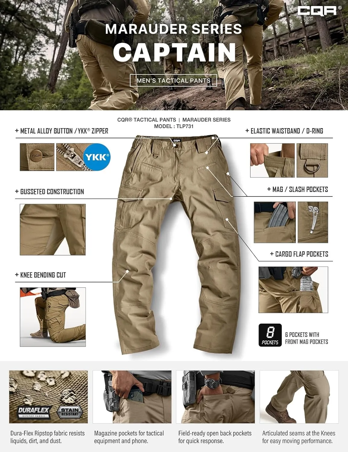 CQR Men's Flex Ripstop Tactical Pants, Water Resistant Stretch Cargo Pants, Lightweight EDC Hiking Work Pants