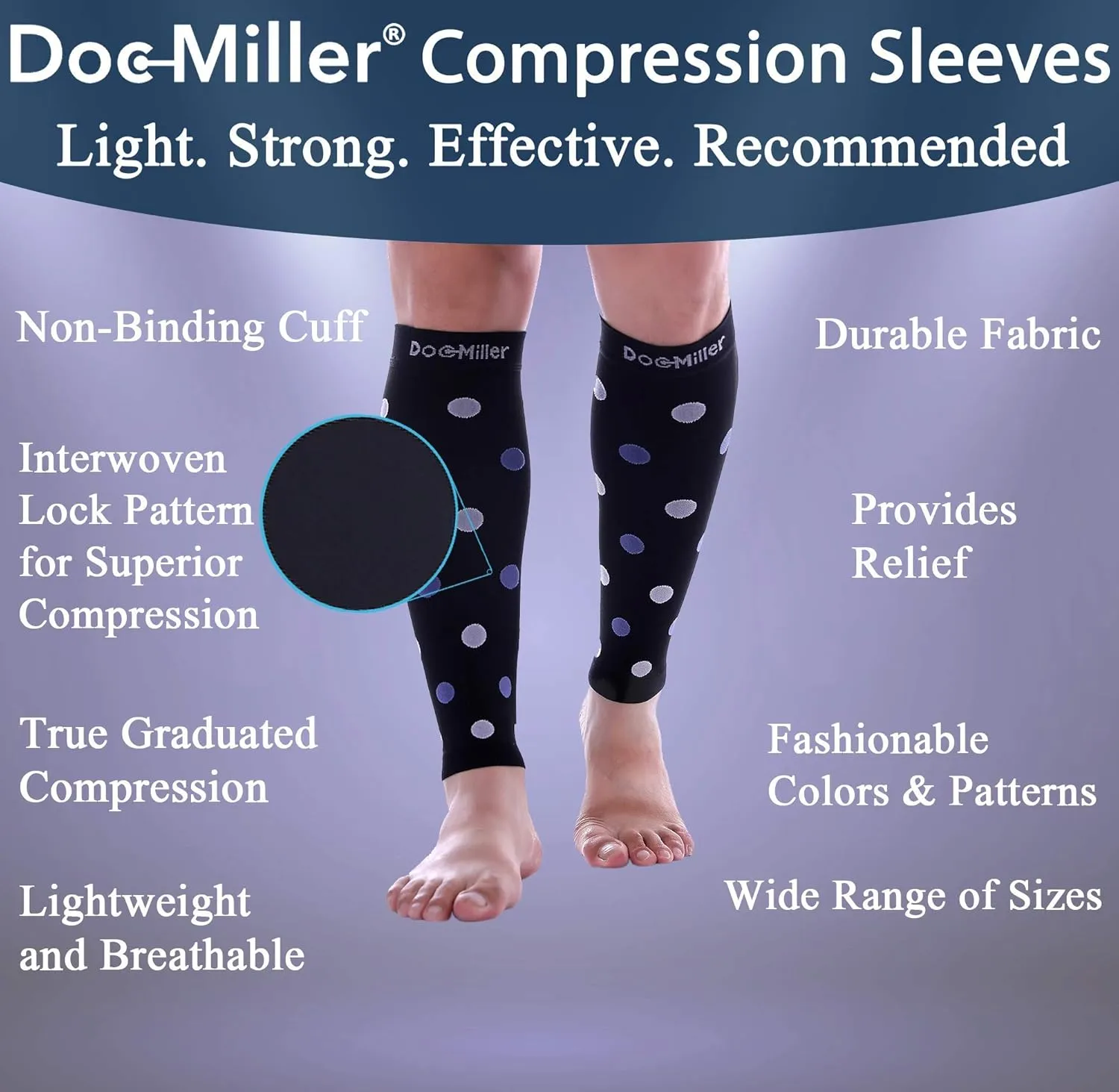 Doc Miller Calf Compression Sleeve  Footless Socks for Women & Men, 20-30mmHg, Shin Splint & Leg Cramp Support, Varicose Veins, Knee High, 1 Pair, Polka Dot