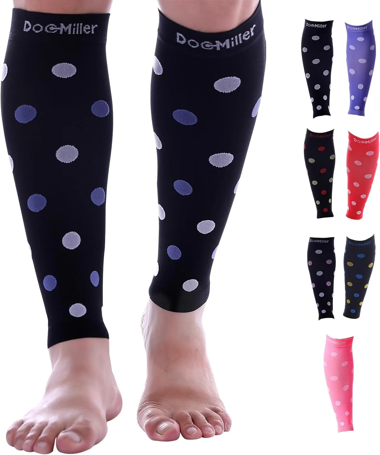 Doc Miller Calf Compression Sleeve  Footless Socks for Women & Men, 20-30mmHg, Shin Splint & Leg Cramp Support, Varicose Veins, Knee High, 1 Pair, Polka Dot