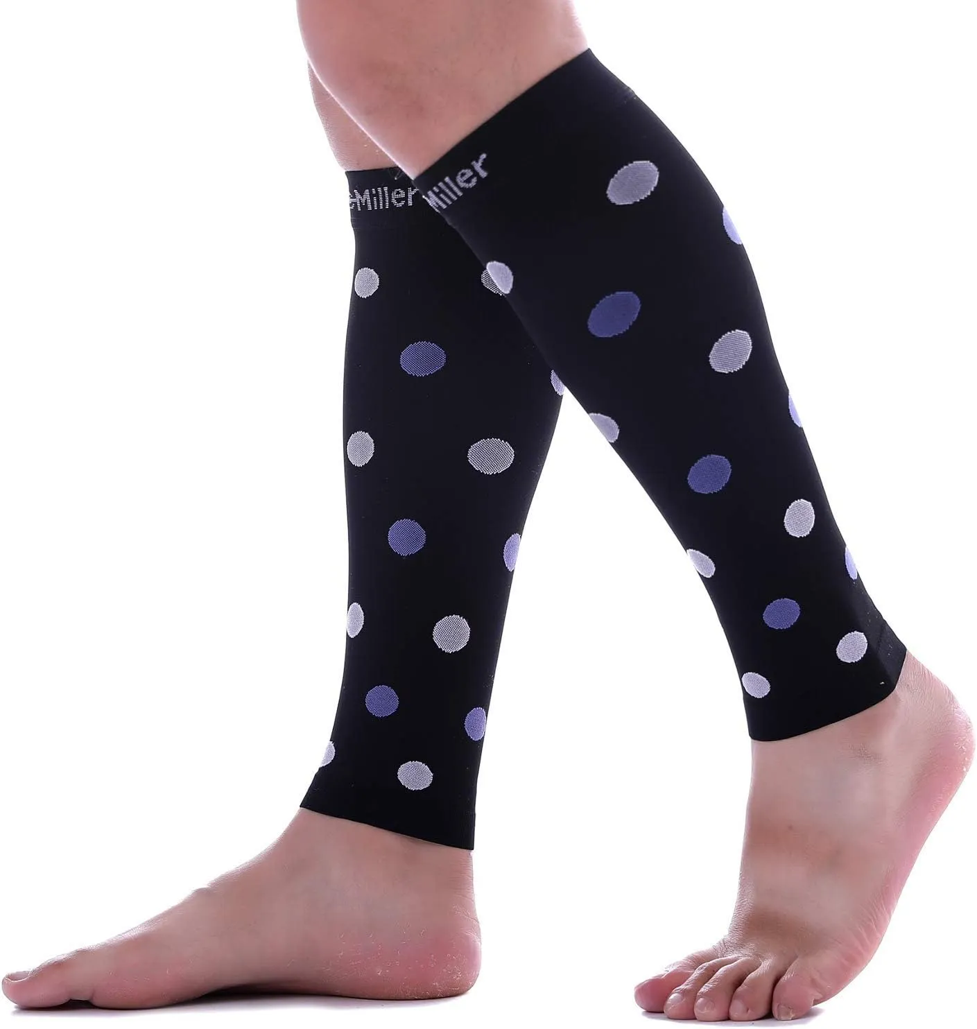 Doc Miller Calf Compression Sleeve  Footless Socks for Women & Men, 20-30mmHg, Shin Splint & Leg Cramp Support, Varicose Veins, Knee High, 1 Pair, Polka Dot