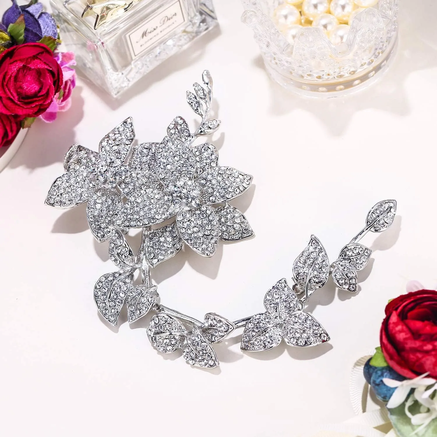 EVER FAITH Women's Austrian Crystal 9 Inch Elegant Flowers Leaf Long Plant Brooch Silver-Tone