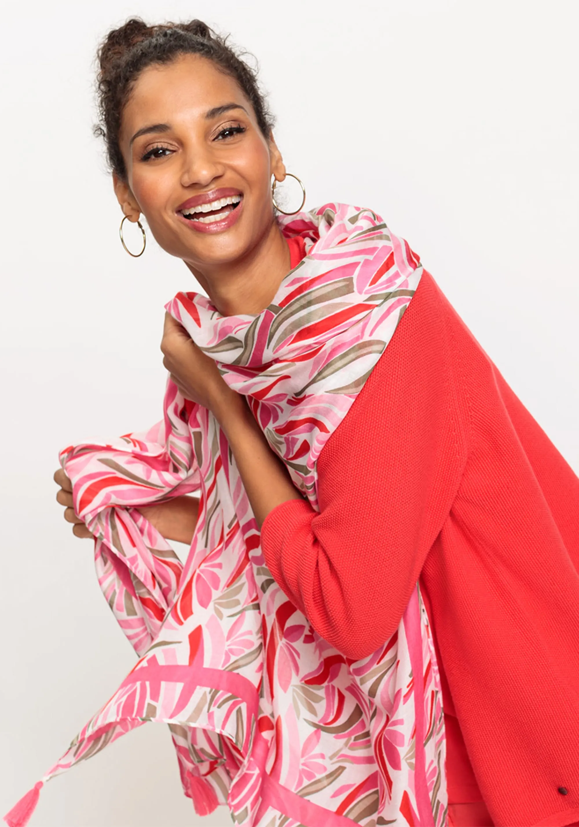 Floral & Border Print Scarf with Tassel Trim