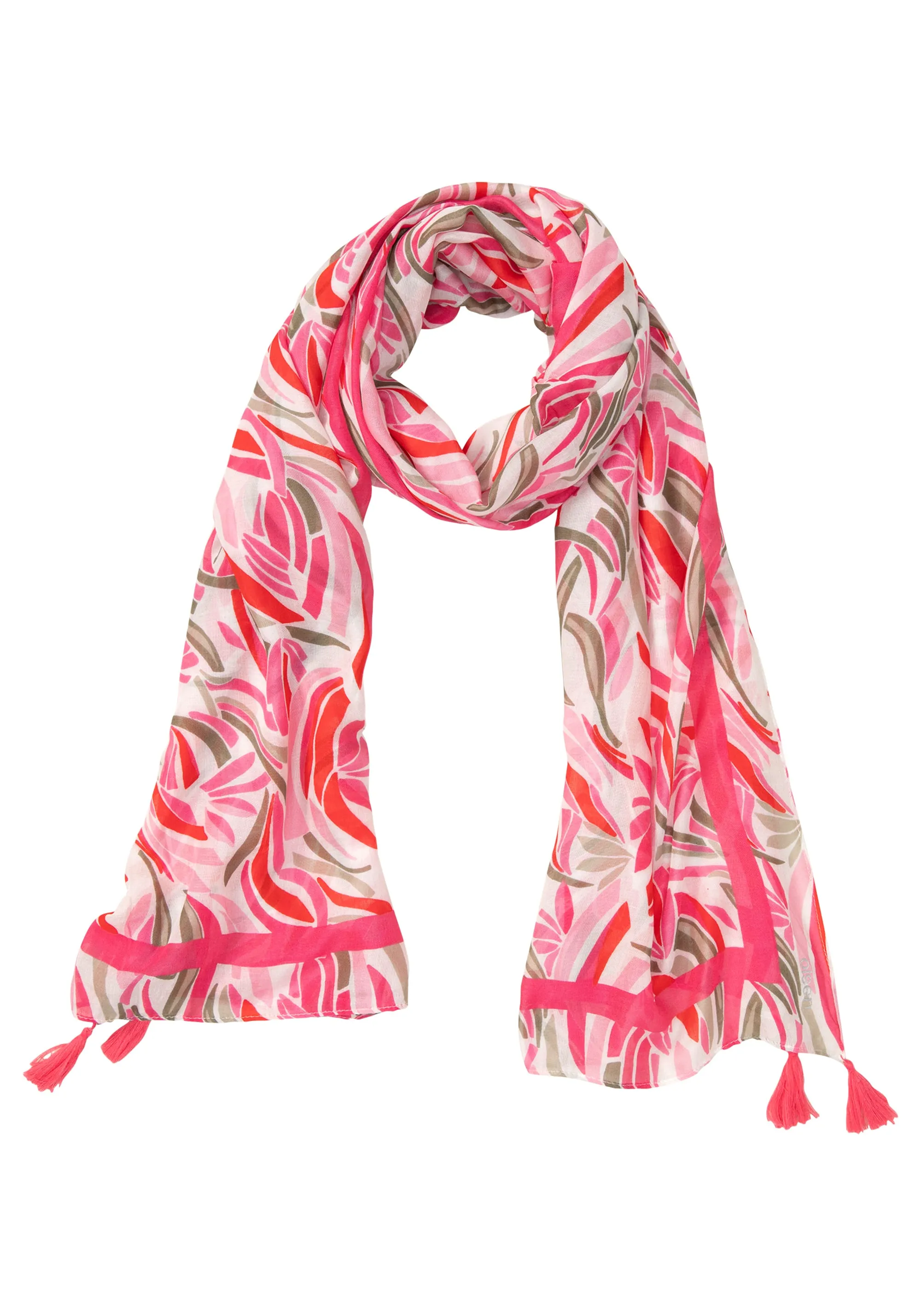 Floral & Border Print Scarf with Tassel Trim
