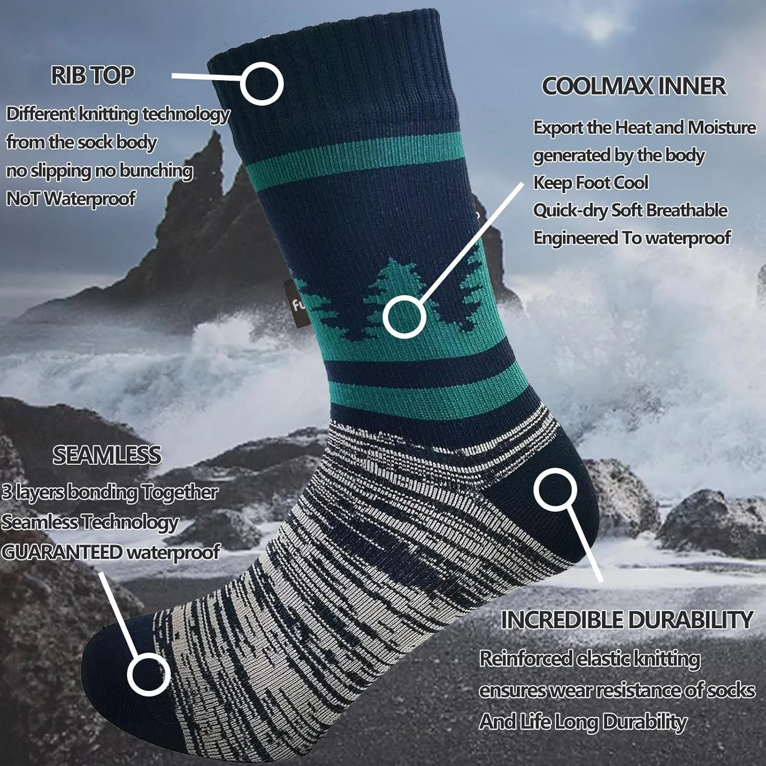 Fullsheild Mens Waterproof Hiking Socks, Unisex Breathable Outdoor Athletic Hiking Wading Trail Running Skiing Crew Socks