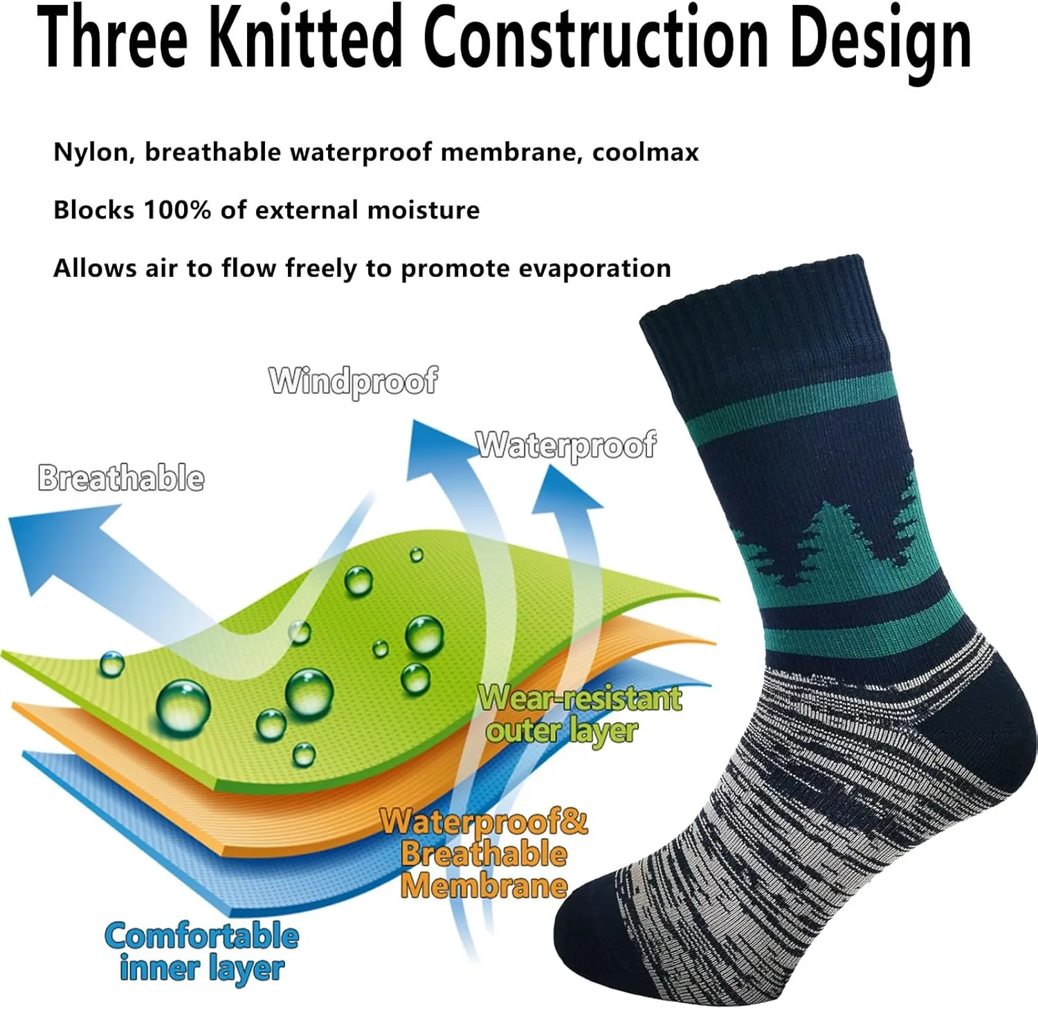 Fullsheild Mens Waterproof Hiking Socks, Unisex Breathable Outdoor Athletic Hiking Wading Trail Running Skiing Crew Socks