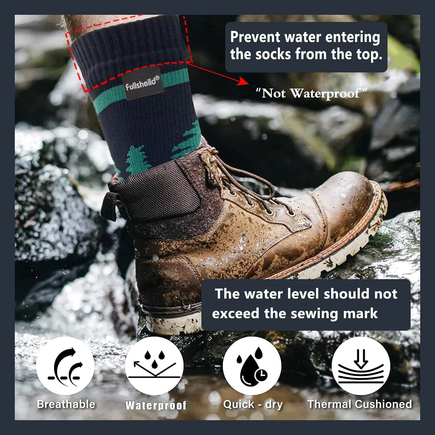 Fullsheild Mens Waterproof Hiking Socks, Unisex Breathable Outdoor Athletic Hiking Wading Trail Running Skiing Crew Socks