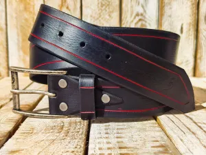 Handmade Black Leather Belt with Red Line Frame - 42cm Width and Silver Buckle - Quality Leather Accessory