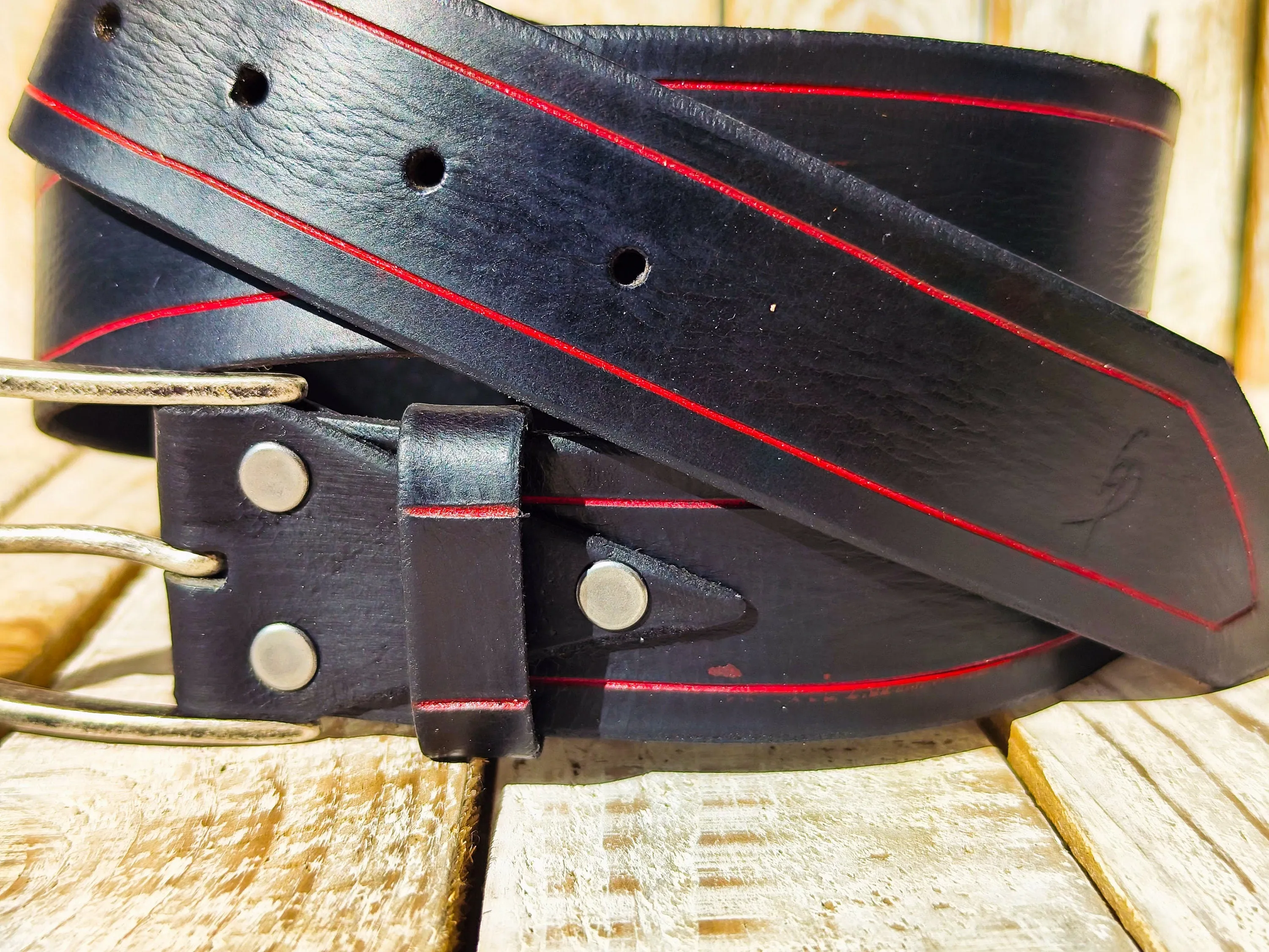 Handmade Black Leather Belt with Red Line Frame - 42cm Width and Silver Buckle - Quality Leather Accessory