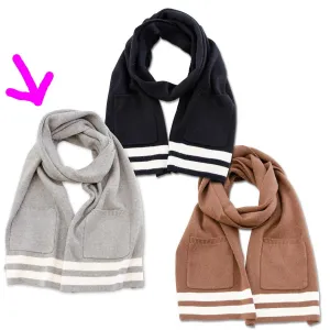 Knit Striped Scarf w/ Pockets - Grey