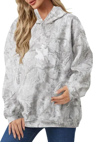 Lauweion Womens Oversized Camo Hoodie Maple Leaf Graphic Hooded Sweatshirt Trendy Long Sleeve Fleece Camouflage Hoodie