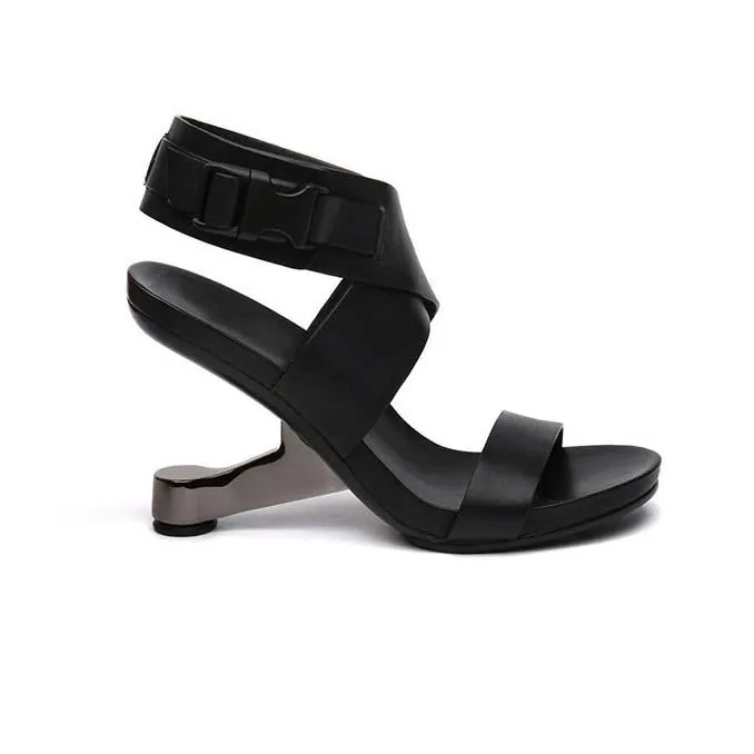 Leather High Heel Buckle Cutout Sandals