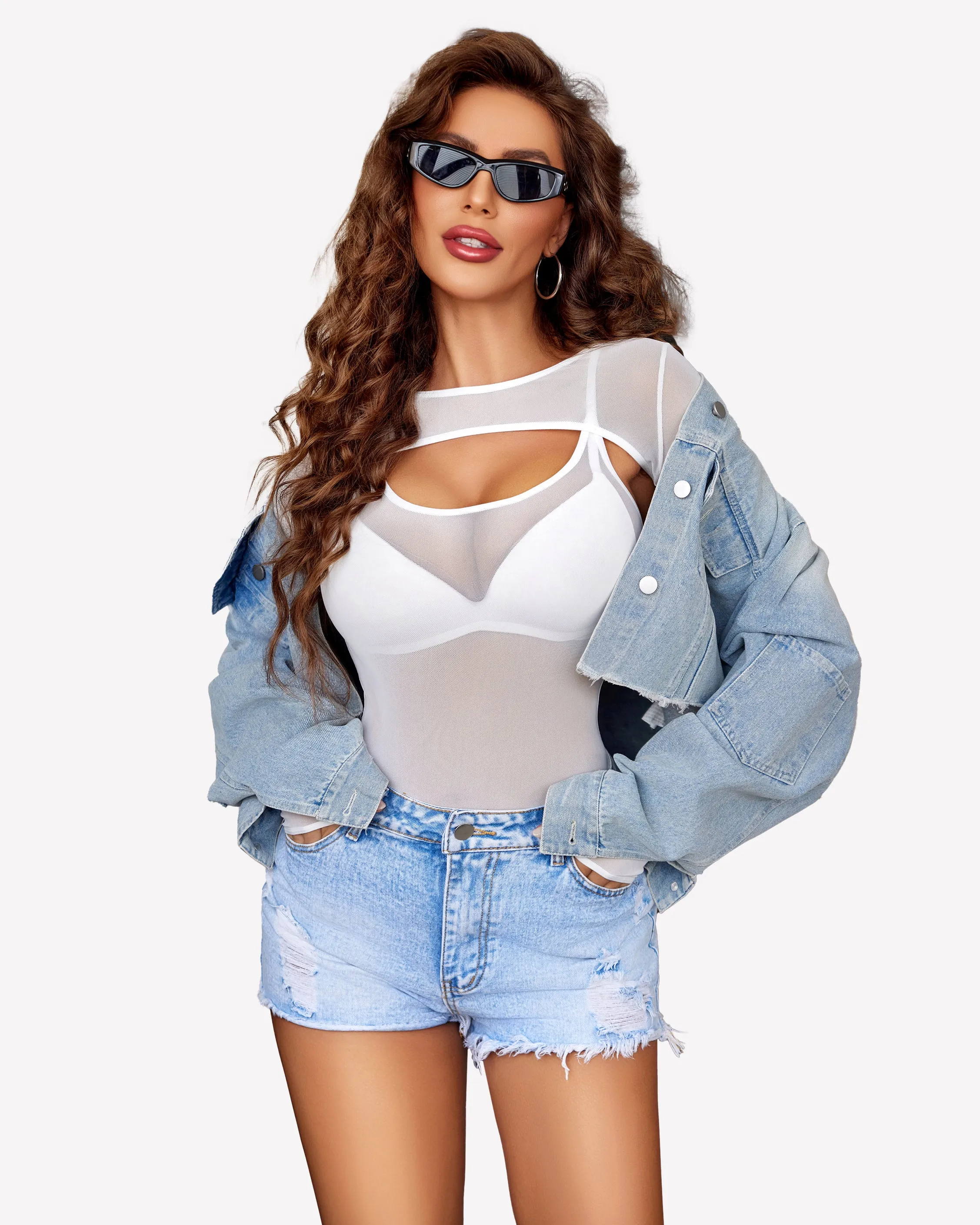 Long Sleeve Mesh Top Teddy Sheer Leotards