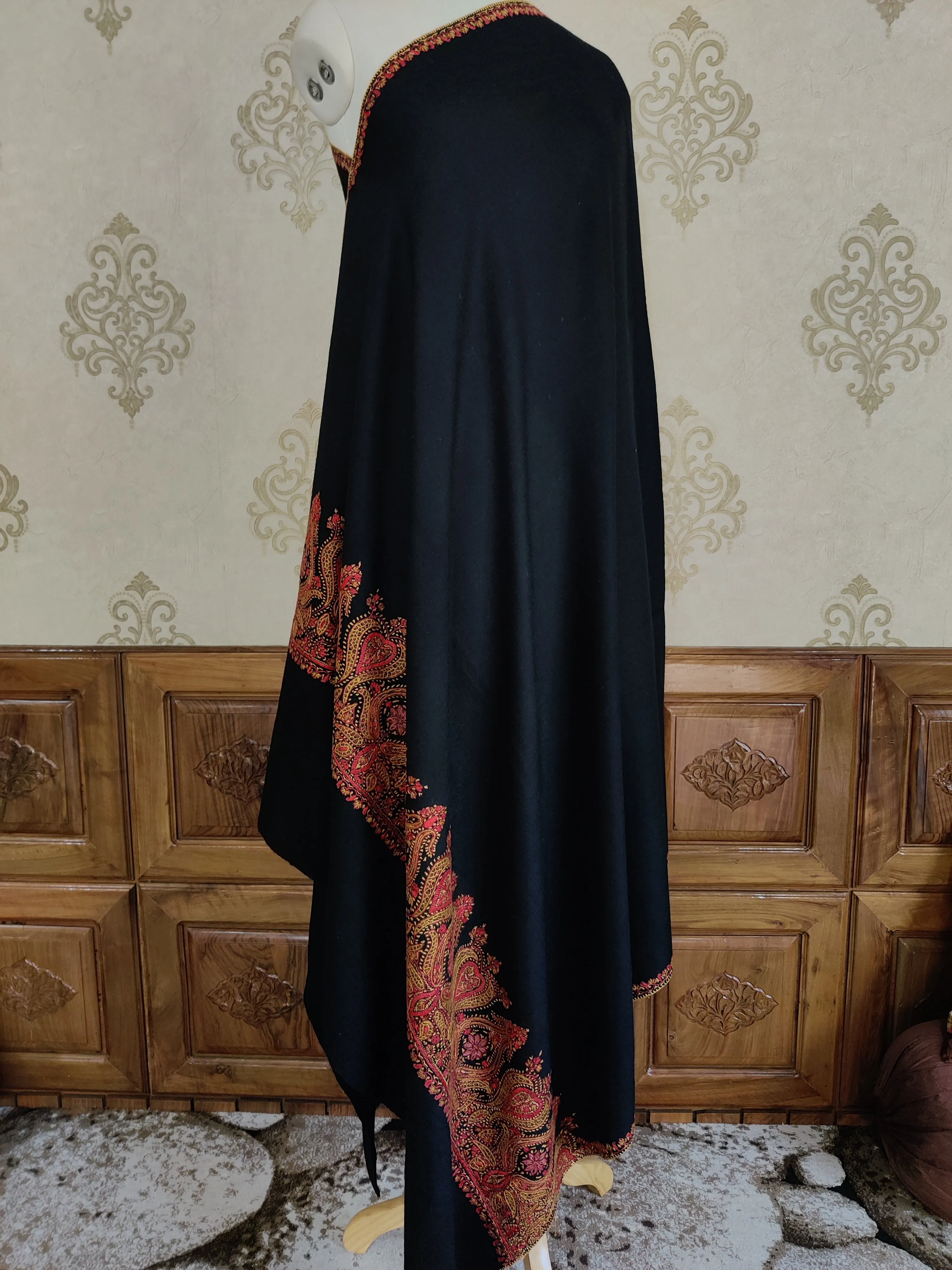 Luxurious Black Merino Wool Shawl with Traditional Sozni Hand Embroidered Border