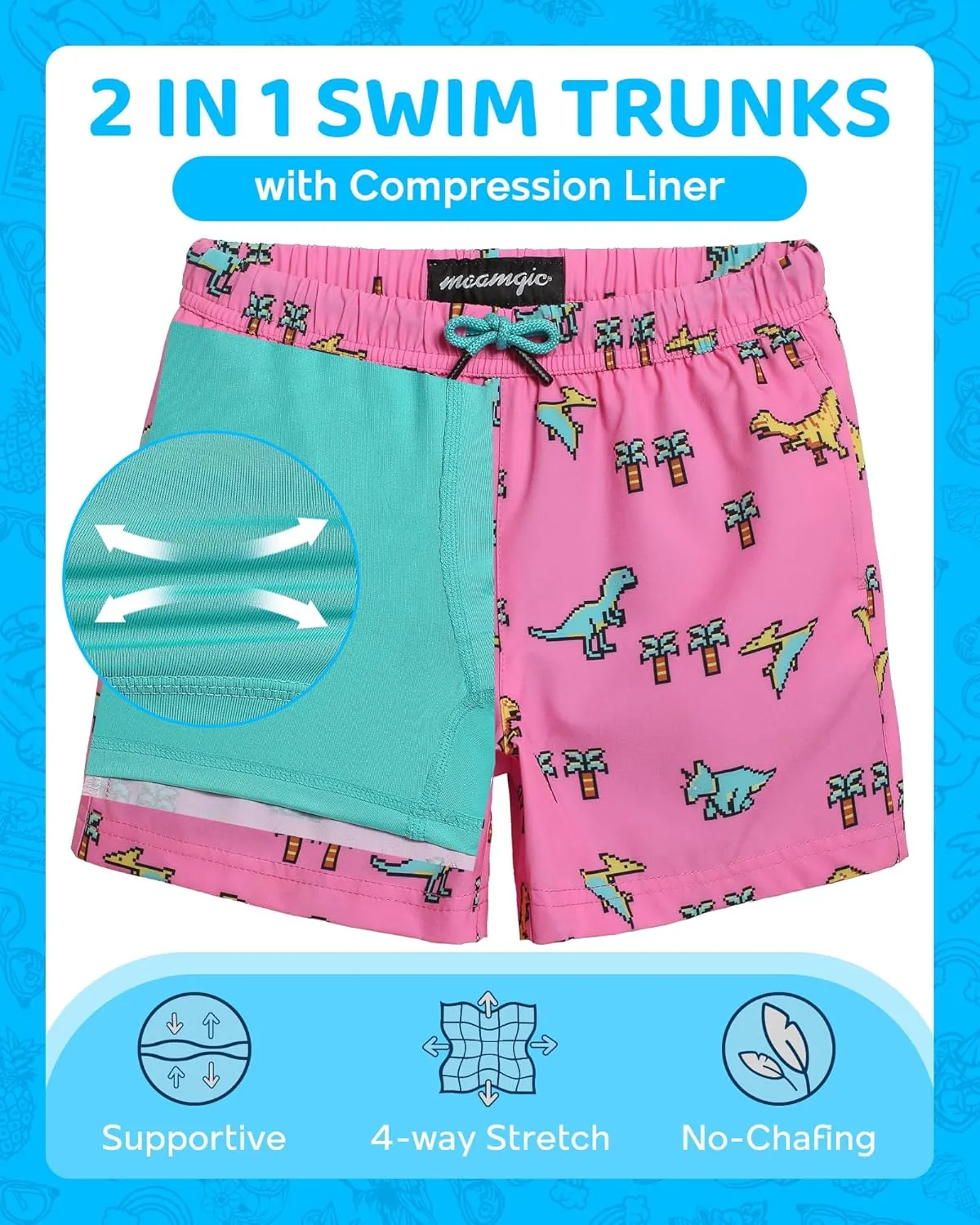 maamgic Boys Swim Trunks with Compression Liner 4-Way Stretch Quick Dry Bathing Suit Toddler Beach Shorts
