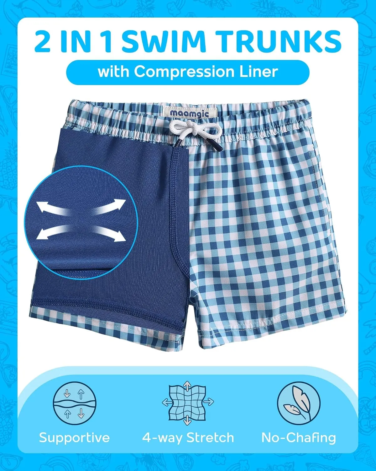 maamgic Boys Swim Trunks with Compression Liner 4-Way Stretch Quick Dry Bathing Suit Toddler Beach Shorts