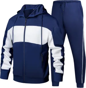 Men's Hooded Athletic Tracksuit Sweatsuit Long Sleeve Full-Zip Jogging Sweatpants 2 Piece Patchwork Sportsuits