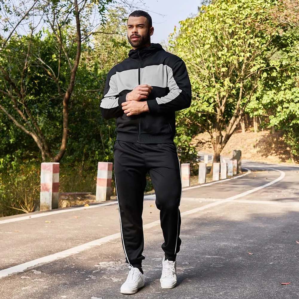 Men's Hooded Athletic Tracksuit Sweatsuit Long Sleeve Full-Zip Jogging Sweatpants 2 Piece Patchwork Sportsuits