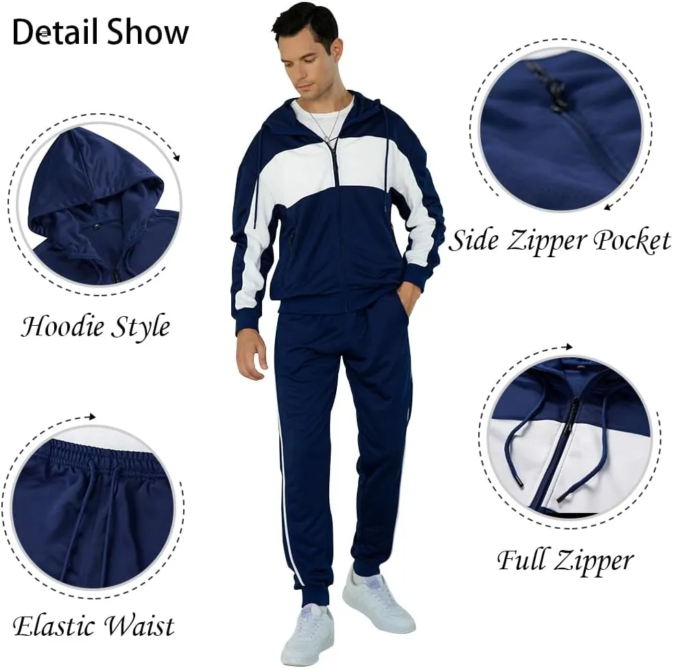 Men's Hooded Athletic Tracksuit Sweatsuit Long Sleeve Full-Zip Jogging Sweatpants 2 Piece Patchwork Sportsuits