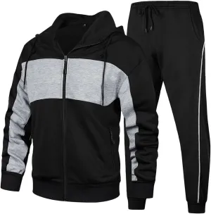 Men's Hooded Athletic Tracksuit Sweatsuit Long Sleeve Full-Zip Jogging Sweatpants 2 Piece Patchwork Sportsuits