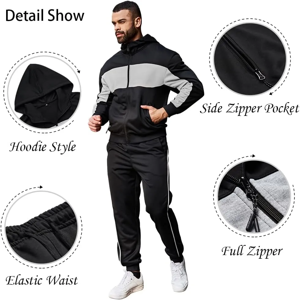 Men's Hooded Athletic Tracksuit Sweatsuit Long Sleeve Full-Zip Jogging Sweatpants 2 Piece Patchwork Sportsuits