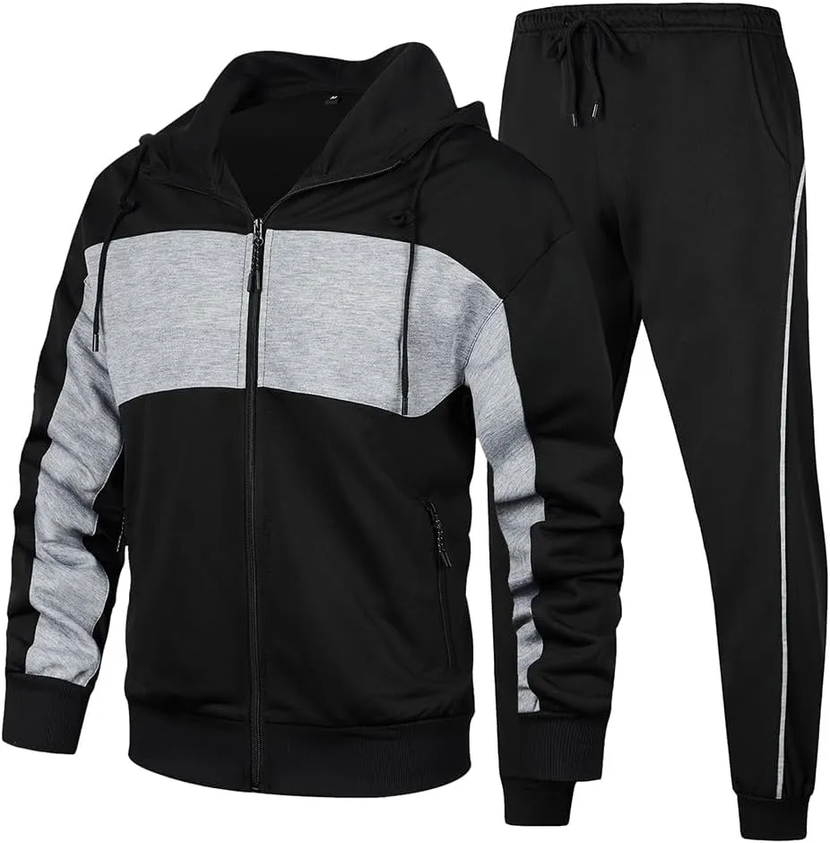 Men's Hooded Athletic Tracksuit Sweatsuit Long Sleeve Full-Zip Jogging Sweatpants 2 Piece Patchwork Sportsuits