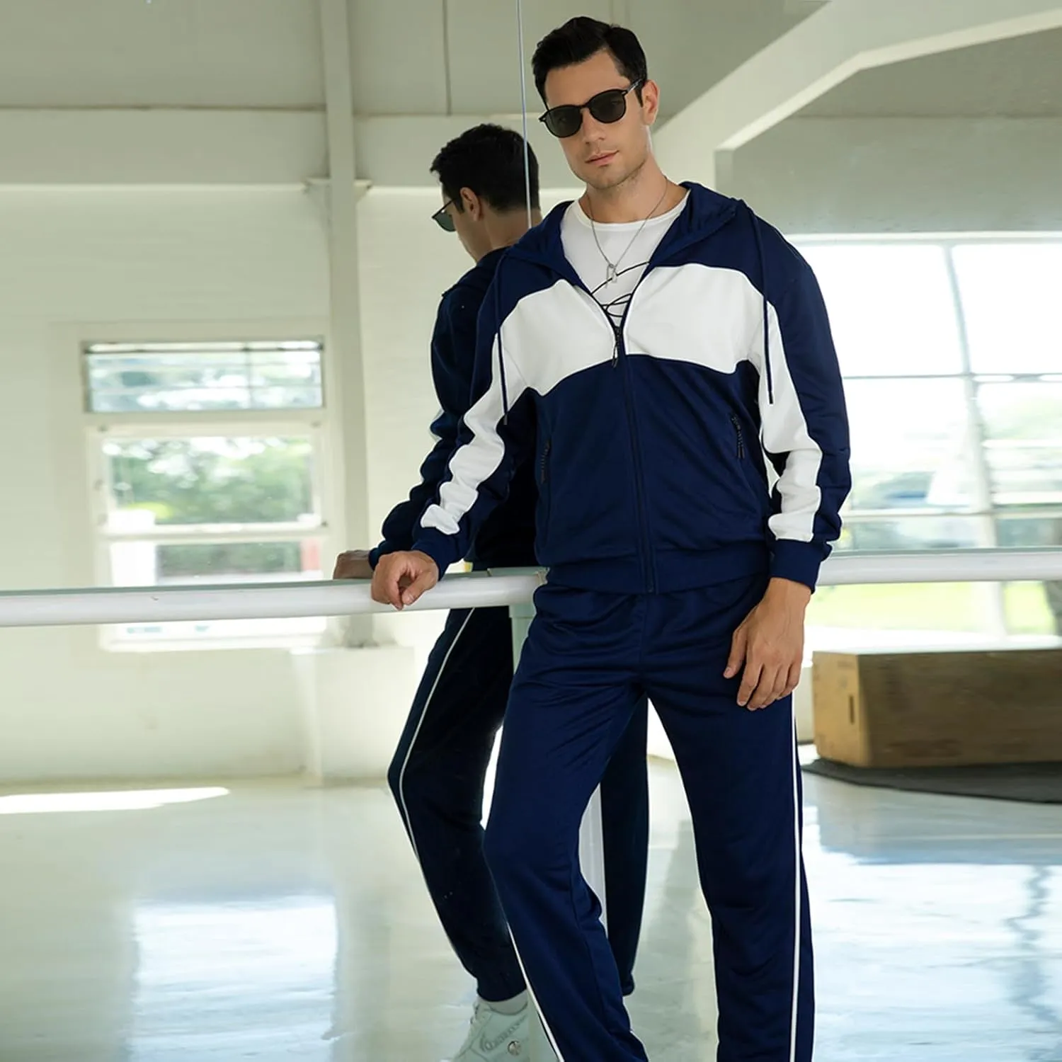 Men's Hooded Athletic Tracksuit Sweatsuit Long Sleeve Full-Zip Jogging Sweatpants 2 Piece Patchwork Sportsuits