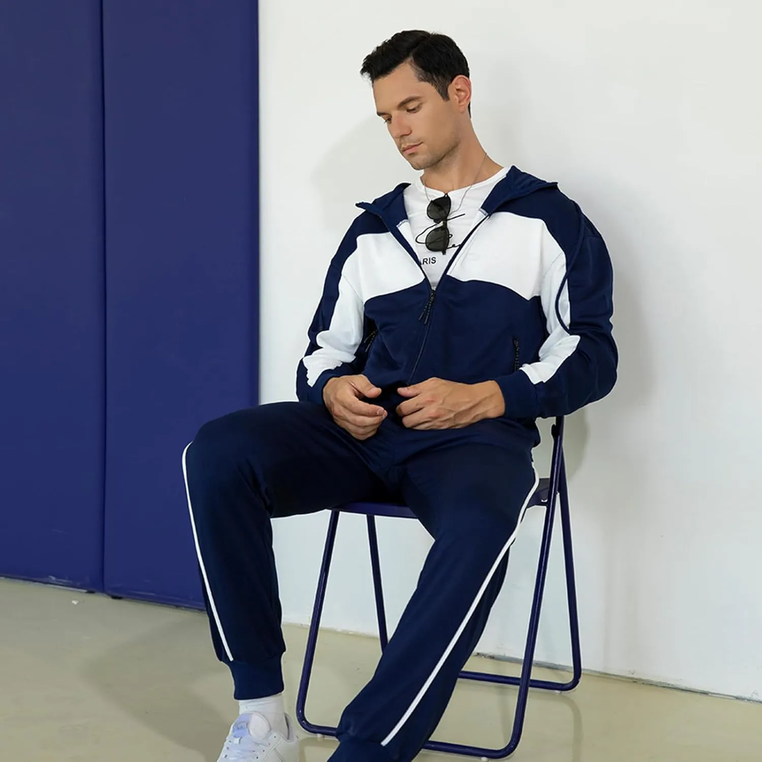 Men's Hooded Athletic Tracksuit Sweatsuit Long Sleeve Full-Zip Jogging Sweatpants 2 Piece Patchwork Sportsuits
