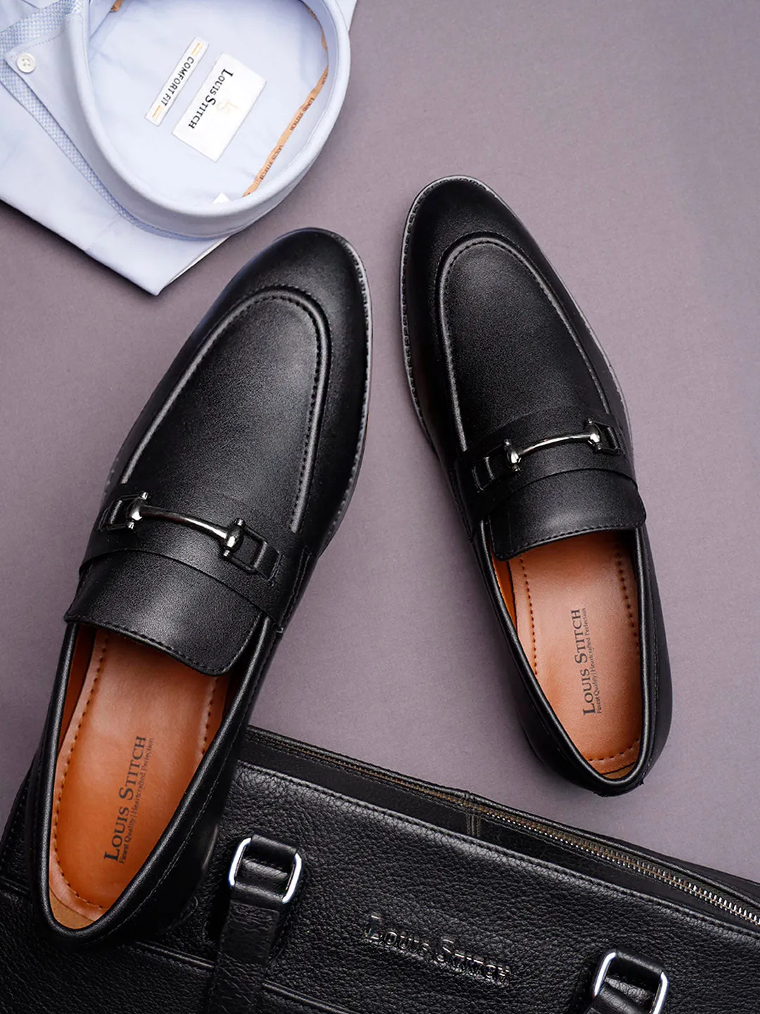 Men's Obsidian Black Shoes Slipon Style Comfortable Moccasins with Buckle
