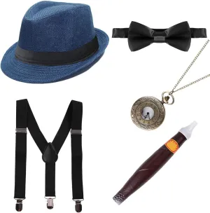 MYRISAM 1920s Mens Gatsby Gangster Costume 5pcs Accessories Set, Suspenders, Bow Tie, Plastic Cigar, Pocket Watch, Fedora Hat