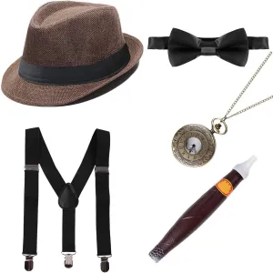 MYRISAM 1920s Mens Gatsby Gangster Costume 5pcs Accessories Set, Suspenders, Bow Tie, Plastic Cigar, Pocket Watch, Fedora Hat