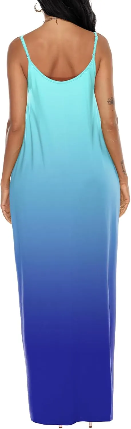 OFEEFAN Women's Maxi Dresses Summer Spaghetti Strap Dress with Pockets