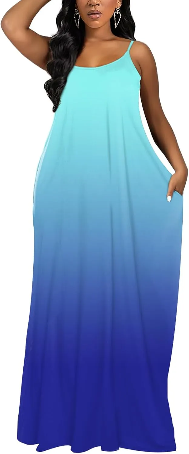 OFEEFAN Women's Maxi Dresses Summer Spaghetti Strap Dress with Pockets