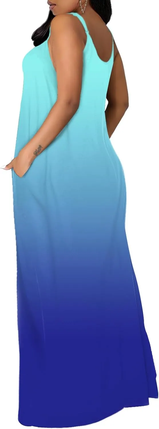 OFEEFAN Women's Maxi Dresses Summer Spaghetti Strap Dress with Pockets