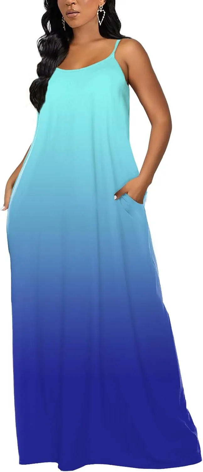 OFEEFAN Women's Maxi Dresses Summer Spaghetti Strap Dress with Pockets